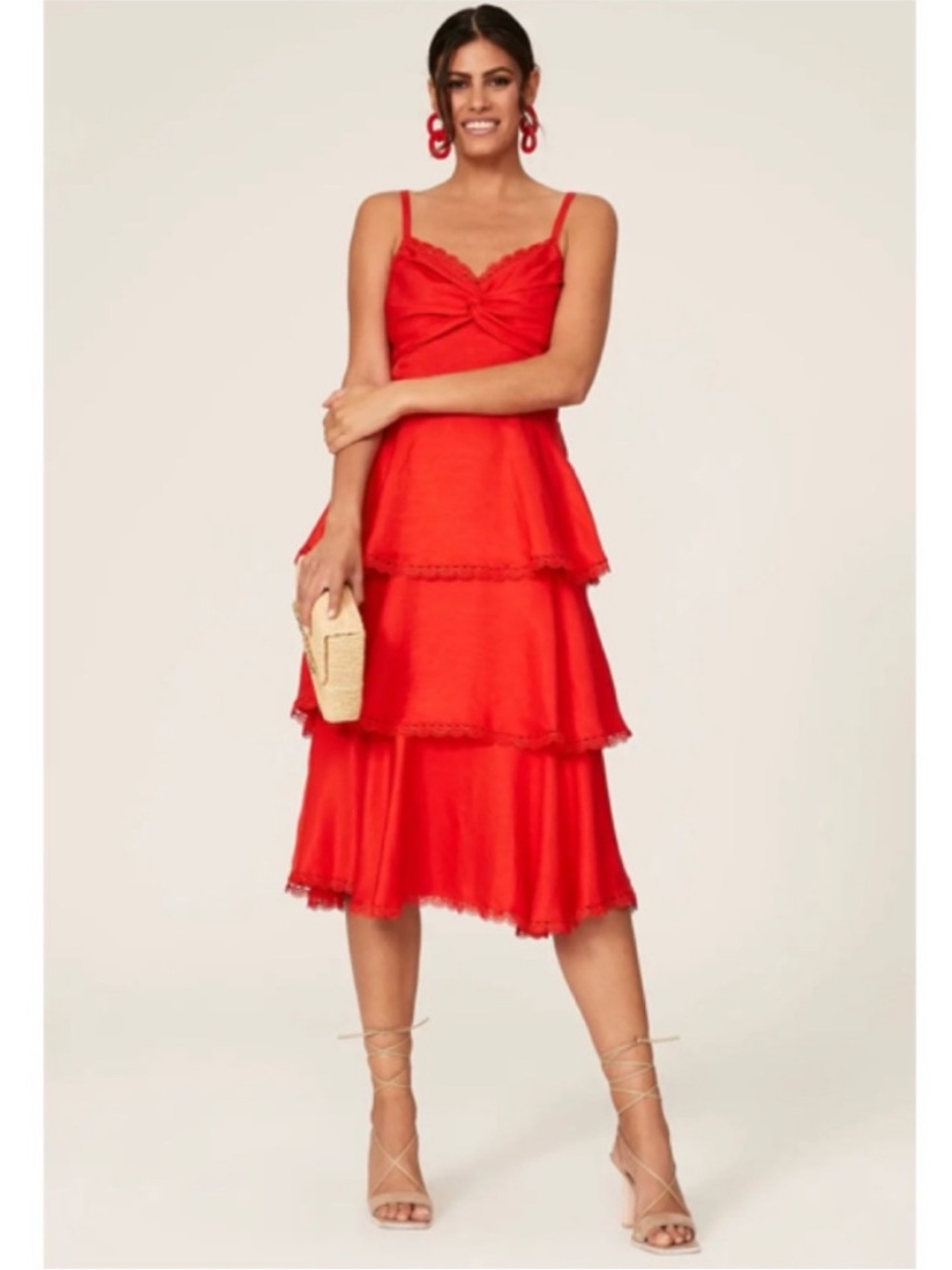 Marchesa Notte Women's Tiered Lace Trim Midi Dress Red Size 4